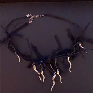 Black chiffon necklace with 7 silver lucky charms